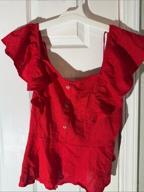 Red Ruffle Shoulder Women's Top